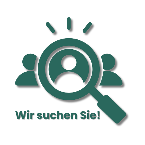 Karriere Symbol einer Lupe über einer Person mit zwei Personen im Hintergrund und dem deutschen Text Wir suchen Sie! darunter.