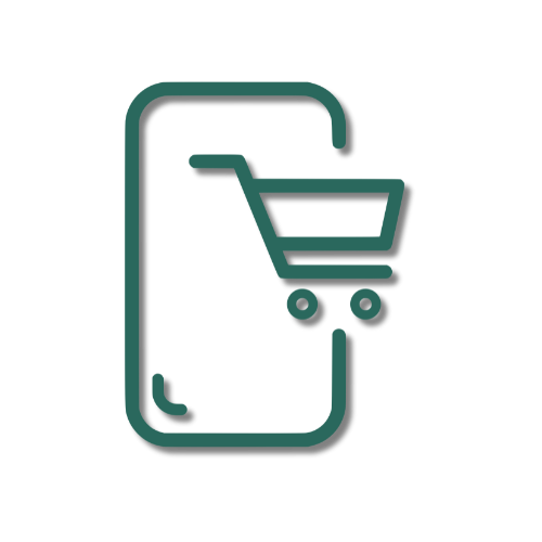 OnlineShop Eine einfache Strichzeichnung eines Smartphones mit einem Einkaufswagen-Symbol, das den Bildschirm überlagert und für mobiles Einkaufen oder Online-Einkäufe per Telefon steht.