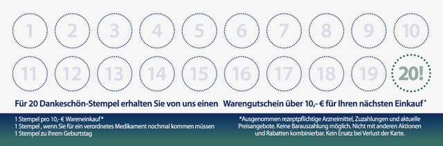 Bonuskarte_Apotheken_IS Eine deutsche Kundenkarte mit 20 nummerierten leeren Briefmarkenkreisen und einem Text, der erklärt, dass man für 20 Briefmarken einen 10-Euro-Einkaufsgutschein erhält; die Bedingungen sind unten aufgeführt.